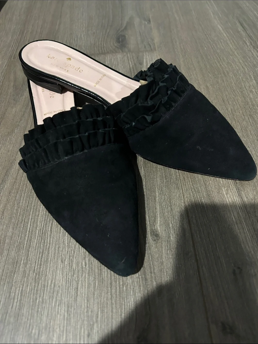 kate spade Black Suede Pointed Ruffle Mules